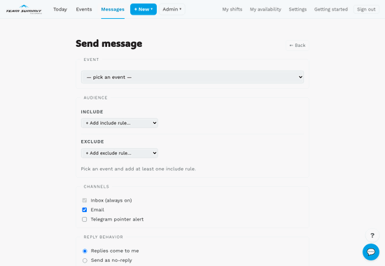 Picking an event, adding an audience rule, and reading the recipient count