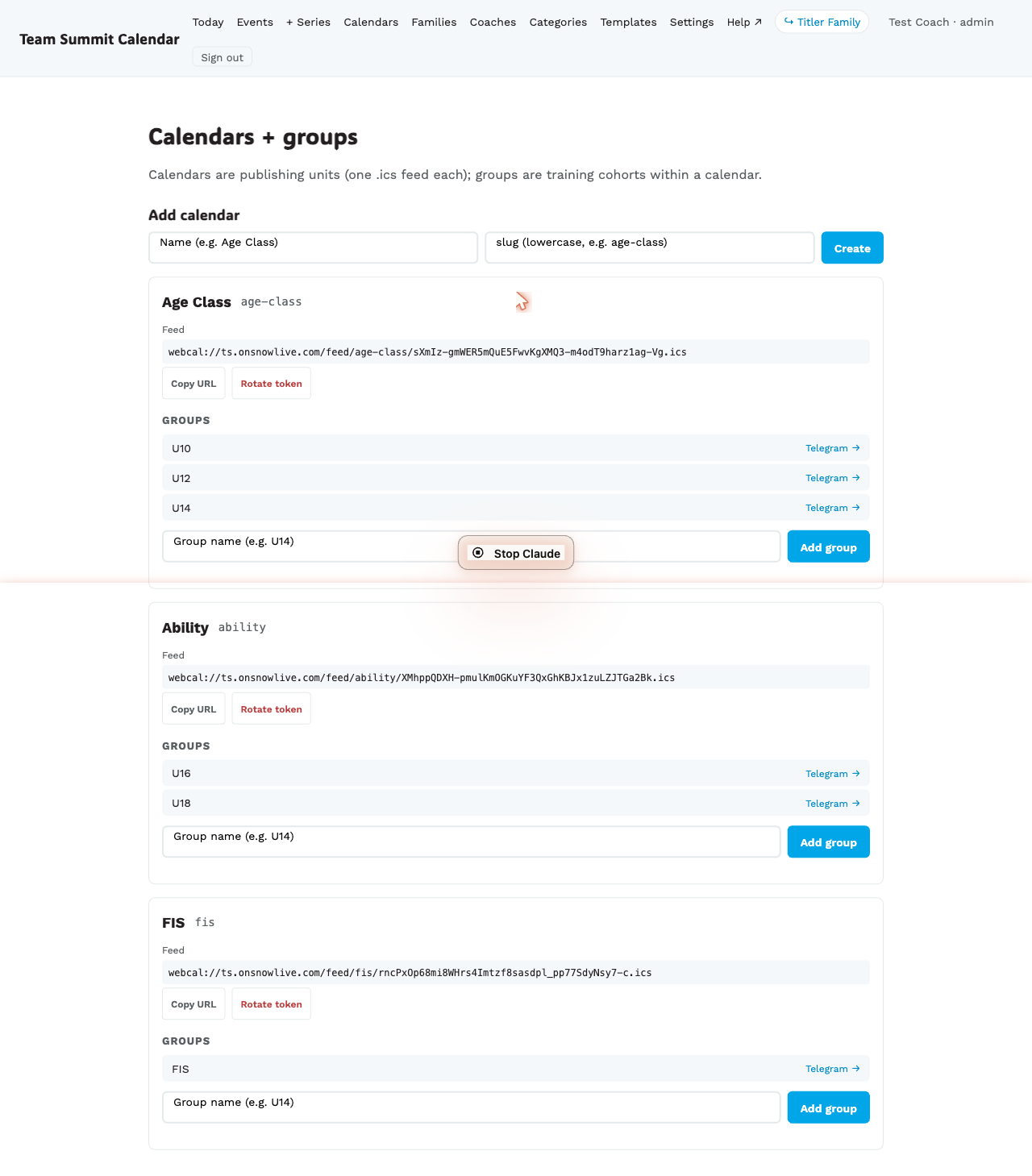 The /coach/calendars page with a calendar card
