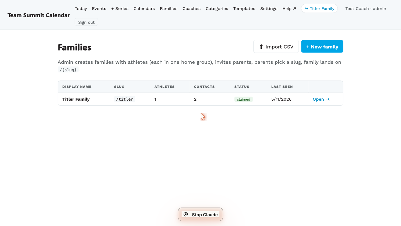 The /coach/families list page