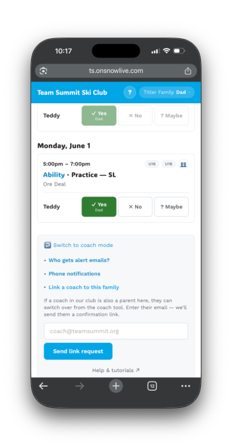 /coach/settings with the coach-as-parent link-request form