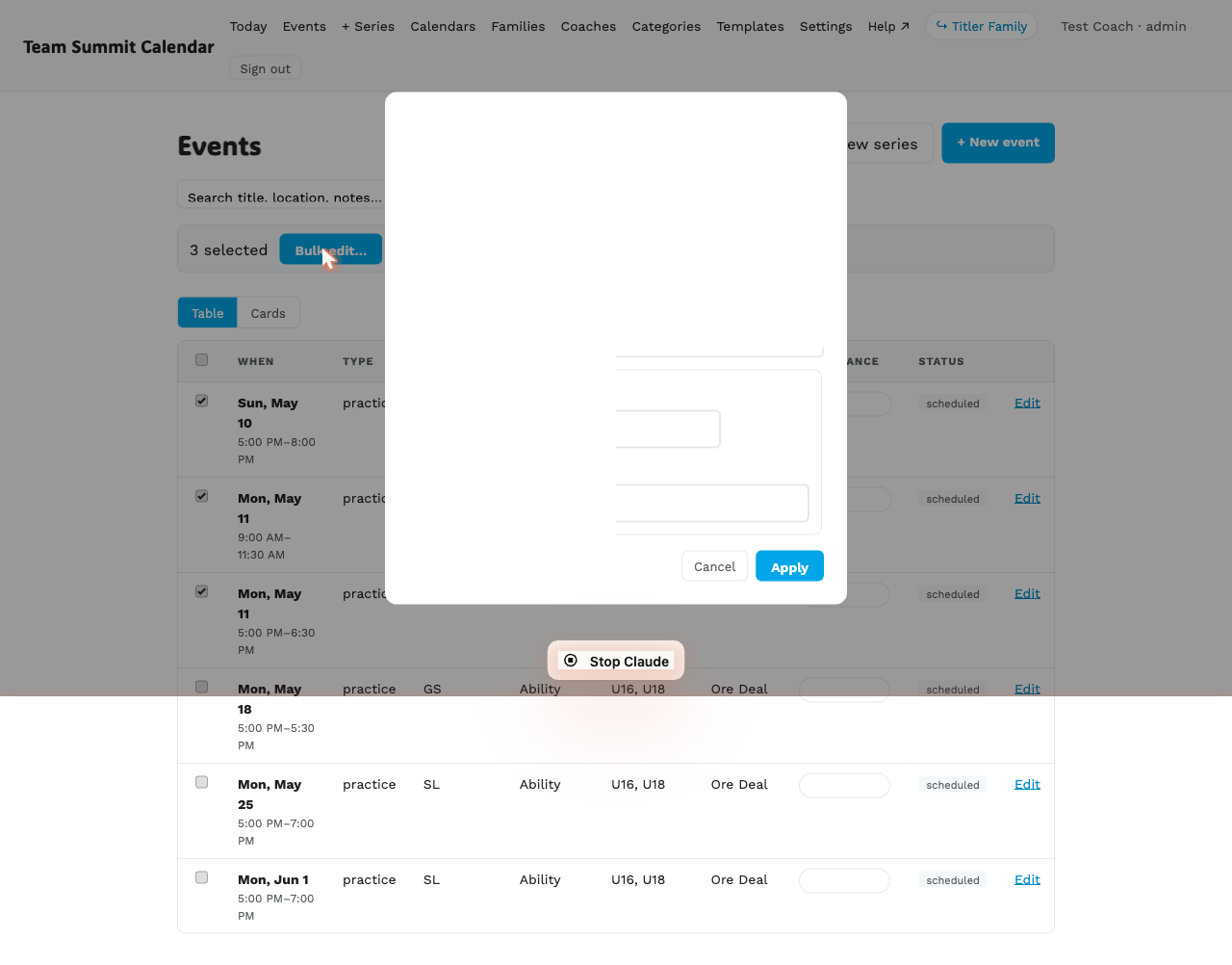 Events table with rows selected and the bulk-update panel open
