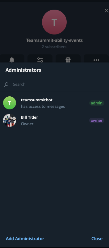 Telegram channel admin list with the bot added